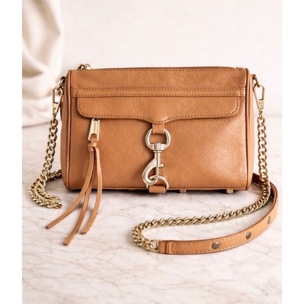 Rebecca Minkoff Mini Mac Crossbody Bag Tan Leather Chain Strap Tassel